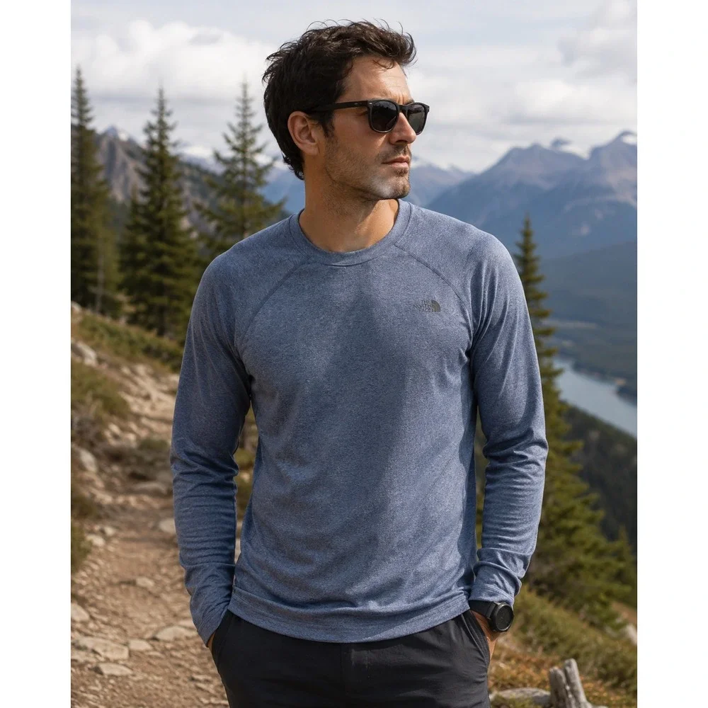 The North Face Mens Wool Blend Base Layer Long Sleeve Shirt Blue Gray Medium